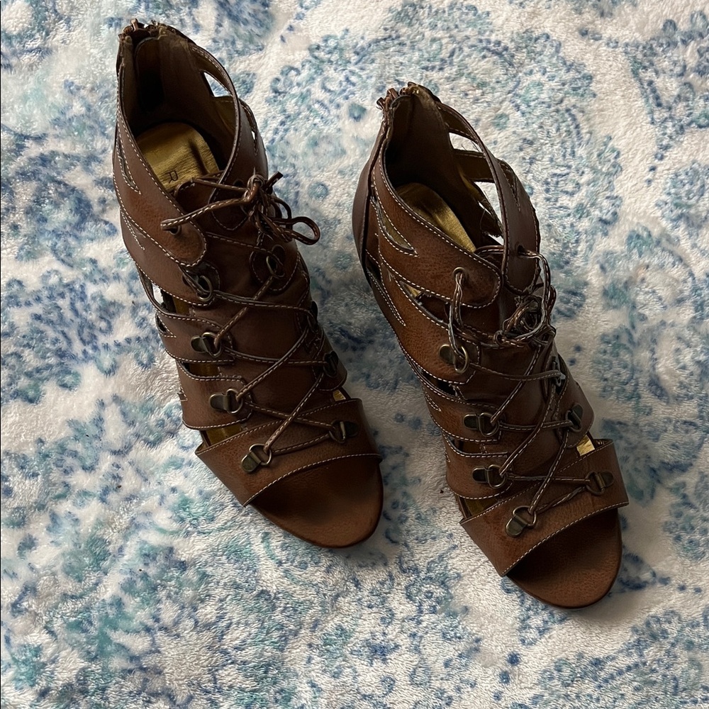 Rampage Brown Lace-Up Heeled Sandals